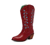 FGRID Western-Cowboystiefel für Damen, modische Stiefel mit spitzer Spitze und mittlerer Wade und Stickerei, Kniehohe Winterstiefel im Used-Look mit Snip-Toe-Design,Rot,42
