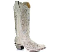 FGRID Western-Cowboystiefel für Damen, modischer, glitzernder, breiter Waden-Cowgirl-Stiefel mit spitzer Zehenpartie, bestickter Winter-Snip-Toe-Stiefel mit Blockabsatz,Weiß,38