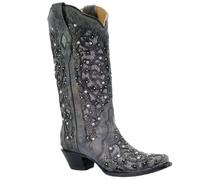 FGRID Western-Cowgirl-Stiefel für Damen mit weitem Schaft, Vintage-Strass-Stiefel mit klobigem Absatz und spitzer Zehenpartie, Winter-Slip-On-Stiefel aus Leder mit schmaler Zehenpartie,Schwarz,41