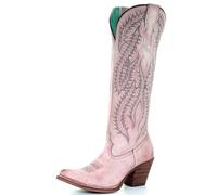 FGRID Westernstiefel für Damen mit dickem Absatz, Vintage-Cowboystiefel aus PU mit Stickerei und weitem Schaft, Winterstiefel mit seitlichem Reißverschluss und mittelhohem Schaft,Rosa,35