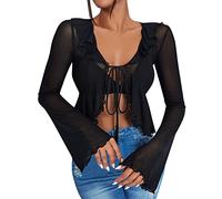 FGUUTYM Frauen 1PC Langarm Casual Tops Durchsichtig Damen Mesh Crop Sheer Shirt Short T Sexy Dessous Nachtwäsche Lack Sexy Dessous (Black, S)