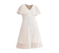 FGUUTYM Frauen Sommer Plus Größe Lose Schwangere Kleid Einfarbig Punkte Kurzarm V-Ausschnitt Mutterschaft Hohe Taille Schwangerschaft Kleid Einfarbig langes Kleid Umstandskleid Festlich (White, M)