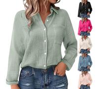 FGUUTYM Musselin Bluse Damen Elegant Langarm Leinenbluse Longbluse V-Ausschnitt Button-Down Leinenhemd Oversized Hemdbluse Einfarbig Lange blusen Leinen Hemd Sommer Tuniken Damenblusen Longshirt