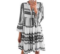 FGVFCS Boho-Kleider für Damen, Übergröße, 3/4-Ärmel, Rüschen, Sommerkleid, Ethno-Stil, Tunika-Kleid, Vintage, bedruckt, elegante Partykleider, Urlaub, Strand, Sommerkleid, Activewear, Black45, M