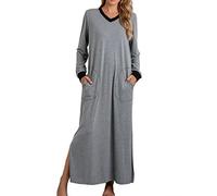 FGVFCS Damen-Nachthemd, langärmelig, Baumwolle, mit Taschen, Loungewear, weiches Nachthemd, Maxi-Nachthemd, Seitenschlitz, langes Nachthemd, lässige Nachtwäsche, Baggy Nachtwäsche, Grau5, XL