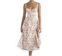 FGVFCS Damen-Sommerkleid, Trägerkleid, Blumen-Korsettkleid, Bustier, Sommerkleid, quadratischer Ausschnitt, Midi-Kleid, Boho-Kleid, ärmellos, fließender Schlitzdruck, tailliertes Cami-Kleid, elegantes