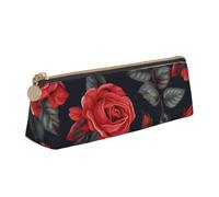 FHEBNDS Schöne rote Rose Blumen Make-up-Tasche für Damen und Herren, großes Federmäppchen, ästhetisches Federmäppchen, Münztasche, Leder-Kosmetiktasche mit Reißverschluss, Büro-Organizer