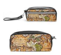 FHESDCW A Worn-Out Weltkarte Federmäppchen Große Kapazität Mit Reißverschluss, Hängende Wasserdichte Kosmetiktasche für Reisen, Vintage Leder Federmäppchen für Damen Herren