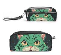 FHESDCW Anime Federmäppchen mit grüner Katze, großes Fassungsvermögen, mit Reißverschluss, wasserdichte Kosmetiktasche für Reisen, Vintage-Leder-Federmäppchen für Damen und Herren