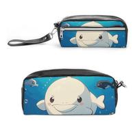 FHESDCW Cartoon White Whale Pencil Case Large Capacity with Zipper, Hanging Water Proof Cosmetic Bag for Travel, Vintage Leather Pencil Pouch for Women Men