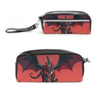 FHESDCW Cooles rotes schwarzes Drachen-Federmäppchen, großes Fassungsvermögen, mit Reißverschluss, wasserdichte Kosmetiktasche für Reisen, Vintage-Leder-Federmäppchen für Damen und Herren