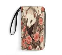 FHESDCW Damen-Geldbörse aus Leder, Motiv: Opossum und Rosen, kleine Geldbörse, mehrere Mini-Kartenhalter, Organizer, Damen-Armband mit Kartenfächern, Ausweisfenster, Reißverschluss, Münzgeldbörse,