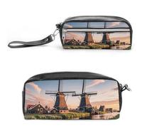 FHESDCW Dutch Windmill Federmäppchen Große Kapazität mit Reißverschluss, Hängende Wasserdichte Kosmetiktasche für Reisen, Vintage Leder Bleistifttasche für Damen Herren