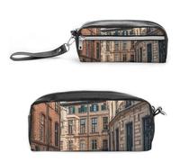FHESDCW Facade Architecture Urban Image Pencil Case Large Capacity with Zipper, Hanging Waterproof Cosmetic Bag for Travel, Vintage Leather Pencil Pouch for Women Men