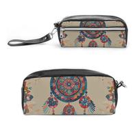 FHESDCW Farbenfrohes Retro-Federmäppchen mit Traumfänger, großes Fassungsvermögen, mit Reißverschluss, wasserdichte Kosmetiktasche für Reisen, Vintage-Leder-Federmäppchen für Damen und Herren