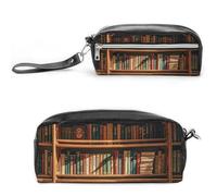 FHESDCW Federmäppchen im alten Bücherregal, großes Fassungsvermögen, mit Reißverschluss, wasserdichte Kosmetiktasche für Reisen, Vintage-Leder-Bleistifttasche für Damen und Herren