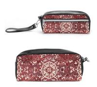 FHESDCW Federmäppchen im Bohemian-Stil, tiefrote Blumen, große Kapazität, mit Reißverschluss, wasserdichte Kosmetiktasche für Reisen, Vintage-Leder-Bleistifttasche für Damen und Herren