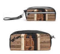 FHESDCW Federmäppchen im ländlichen Tür-Design, Retro-Federmäppchen, große Kapazität, mit Reißverschluss, wasserdichte Kosmetiktasche für Reisen, Vintage-Leder-Federmäppchen für Damen und Herren