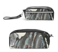 FHESDCW Federmäppchen mit chinesischer Landschaftsmalerei, großes Fassungsvermögen, mit Reißverschluss, wasserdichte Kosmetiktasche für Reisen, Vintage-Leder-Bleistifttasche für Damen und Herren