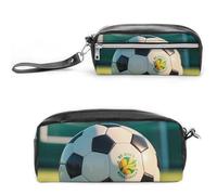 FHESDCW Federmäppchen mit Fußballmotiv auf dem Gras, großes Fassungsvermögen, mit Reißverschluss, wasserdichte Kosmetiktasche für Reisen, Vintage-Leder-Federmäppchen für Damen und Herren