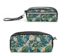 FHESDCW Federmäppchen mit grünen Blumenblättern, großes Fassungsvermögen, mit Reißverschluss, wasserdichte Kosmetiktasche für Reisen, Vintage-Leder-Federmäppchen für Damen und Herren