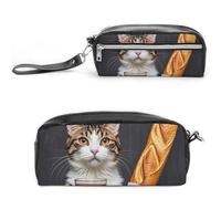 FHESDCW Federmäppchen mit Katzenbrot, Kaffee, große Kapazität, mit Reißverschluss, wasserdichte Kosmetiktasche für Reisen, Vintage-Leder-Federmäppchen für Damen und Herren