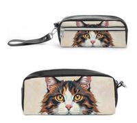 FHESDCW Federmäppchen mit Katzenmotiv, großes Fassungsvermögen, mit Reißverschluss, wasserdichte Kosmetiktasche für Reisen, Vintage-Leder-Federmäppchen für Damen und Herren