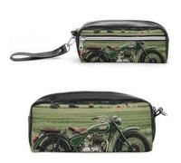 FHESDCW Federmäppchen mit Motorrädern auf grünem Gras, große Kapazität, mit Reißverschluss, wasserdichte Kosmetiktasche für Reisen, Vintage-Leder-Federmäppchen für Damen und Herren