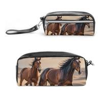 FHESDCW Federmäppchen mit Pferden im Sand, großes Fassungsvermögen, mit Reißverschluss, wasserdichte Kosmetiktasche für Reisen, Vintage-Leder-Federmäppchen für Damen und Herren