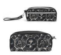 FHESDCW Federmäppchen mit Pfingstrosen-Motiv, großes Fassungsvermögen, mit Reißverschluss, wasserdicht, Kosmetiktasche für Reisen, Vintage-Leder-Federmäppchen für Damen und Herren, Schwarz