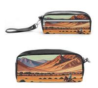 FHESDCW Federmäppchen mit Reitpferden im Wilden Westen, großes Fassungsvermögen, mit Reißverschluss, wasserdichte Kosmetiktasche für Reisen, Vintage-Leder-Federmäppchen für Damen und Herren