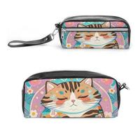 FHESDCW Federmäppchen mit schlafender Katze, großes Fassungsvermögen, mit Reißverschluss, wasserdichte Kosmetiktasche für Reisen, Vintage-Leder-Federmäppchen für Damen und Herren