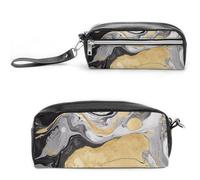 FHESDCW Federmäppchen mit schwarzer goldener Marmor-Tinte, großes Fassungsvermögen, mit Reißverschluss, wasserdichte Kosmetiktasche für Reisen, Vintage-Leder-Federmäppchen für Damen und Herren