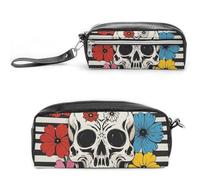 FHESDCW Federmäppchen mit Skelett und Blume, großes Fassungsvermögen, mit Reißverschluss, wasserdicht, Kosmetiktasche für Reisen, Vintage-Leder-Federmäppchen für Damen und Herren, Schwarz und Weiß