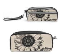 FHESDCW Federmäppchen mit Sonnenblumen, großes Fassungsvermögen, mit Reißverschluss, wasserdicht, Kosmetiktasche für Reisen, Vintage-Stil, Leder, Bleistifttasche für Damen und Herren, Schwarz und Weiß
