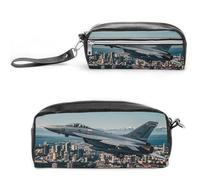 FHESDCW Fighter Jets Fly over Cities Federmäppchen Große Kapazität mit Reißverschluss, hängende wasserdichte Kosmetiktasche für Reisen, Vintage-Leder-Federmäppchen für Damen und Herren