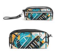 FHESDCW Handgezeichnetes Federmäppchen mit Musikinstrumenten, großes Fassungsvermögen, mit Reißverschluss, wasserdichte Kosmetiktasche für Reisen, Vintage-Leder-Federmäppchen für Damen und Herren