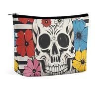 FHESDCW Make-up-Tasche mit Skelett und Blume, für Damen, PU-Leder, wasserdicht, Kosmetiktasche mit Reißverschluss, tragbar, Reise-Make-up-Organizer, Schwarz und Weiß