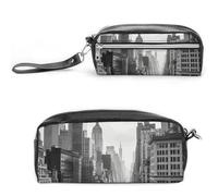 FHESDCW New York Federmäppchen, großes Fassungsvermögen, mit Reißverschluss, wasserdicht, Kosmetiktasche für Reisen, Vintage-Leder-Federmäppchen für Damen und Herren, Schwarz und Weiß