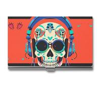 FHESDCW Punk Rock Kopfhörer Schädel Visitenkartenhalter für Männer & Frauen, professionelles Kartenetui mit Schnalle Stil geschlossen, kompaktes und tragbares Metallgehäuse für Büroangestellte, Stil