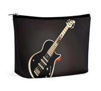 FHESDCW Schwarze Gitarren-Make-up-Tasche für Damen, PU-Leder, wasserdichte Kosmetiktasche mit Reißverschluss, tragbarer Reise-Make-up-Organizer