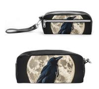 FHESDCW Schwarze Krähe auf Vollmond-Federmäppchen, große Kapazität, mit Reißverschluss, wasserdichte Kosmetiktasche für Reisen, Vintage-Leder-Federmäppchen für Damen und Herren