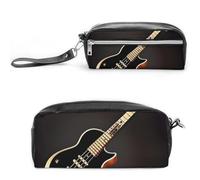 FHESDCW Schwarzes Gitarren-Federmäppchen mit großem Fassungsvermögen, mit Reißverschluss, wasserdichte Kosmetiktasche für Reisen, Vintage-Leder-Federmäppchen für Damen und Herren