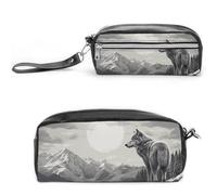 FHESDCW Snow Mountain Federmäppchen mit einsamem Wolf, große Kapazität, mit Reißverschluss, wasserdichte Kosmetiktasche für Reisen, Vintage-Leder-Federmäppchen für Damen und Herren