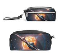 FHESDCW Spaceship Federmäppchen Große Kapazität mit Reißverschluss, Hängende Wasserdichte Kosmetiktasche für Reisen, Vintage Leder Bleistifttasche für Damen Herren