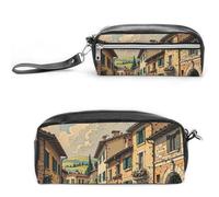 FHESDCW Traditionelles Federmäppchen aus Ziegelhäusern, großes Fassungsvermögen, mit Reißverschluss, wasserdichte Kosmetiktasche für Reisen, Vintage-Leder-Federmäppchen für Damen und Herren