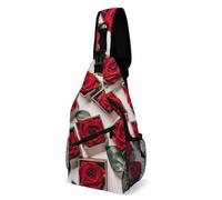 FHPCE Sling Rucksack, Crossbody, für Mann und Frau, Muster und Ozeane, verstellbare Brusttasche, Quadratische rote Rose, 38x20cm