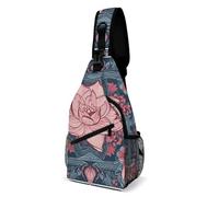 FHPCE Sling Rucksack für Damen und Herren, Grau und Weiß, Umhängetasche, verstellbare Brusttasche, Pfirsichblumenmuster, 38x20cm