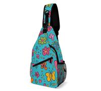FHPCE Sling Rucksack für Damen und Herren, hellblaues Bild, Crossbody, verstellbare Brusttasche, Herzen und Blumen, 38x20cm