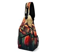 FHPCE Sling Rucksack für Damen und Herren, hellblaues Bild, Crossbody, verstellbare Brusttasche, Schmetterling in Blumen, 38x20cm